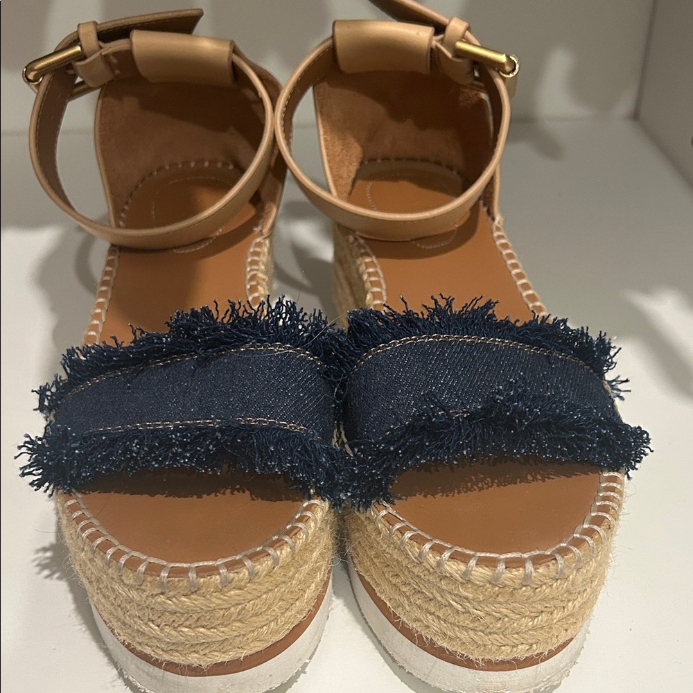 Stylish denim leather espadrille wedge sandals 38